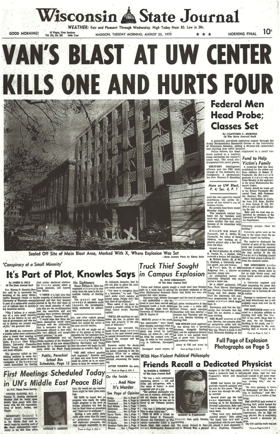 Sterling Hall bombing on front page